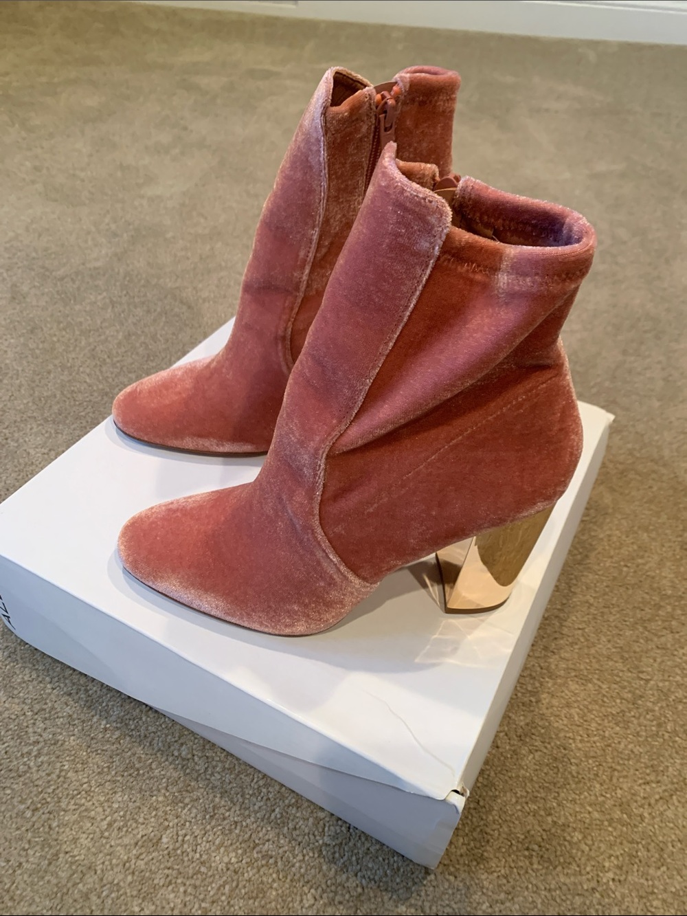Aldo Rose Velvet Ankle Booties with Metallic Gold Block Heel